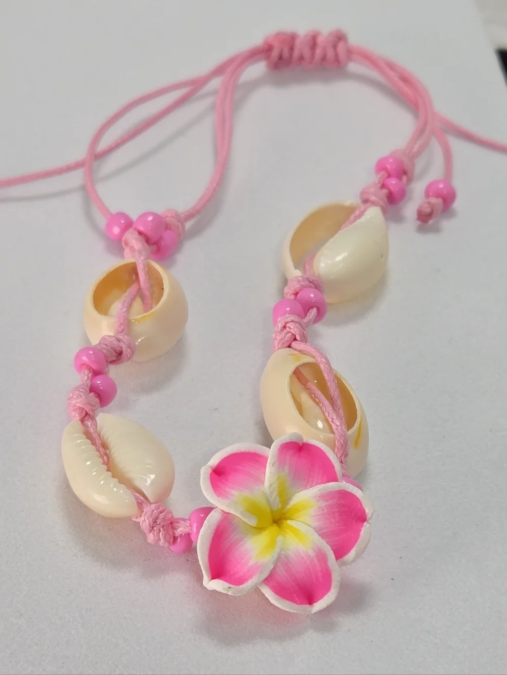 Island Girl Pink Cowrie Shell Anklet Plumeria Flower Braided Adjustable Coastal